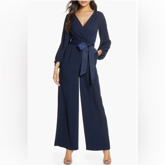 Eliza J Pants - Eliza J Navy V-Neck Wrap Jumpsuit with Belt